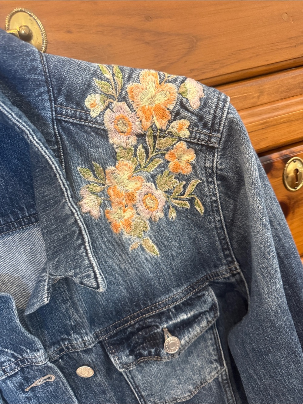 NEVER WORN..Miss Me Blue Denim Jacket with Yellow & Peach Floral Embroidery - Picture 4 of 8